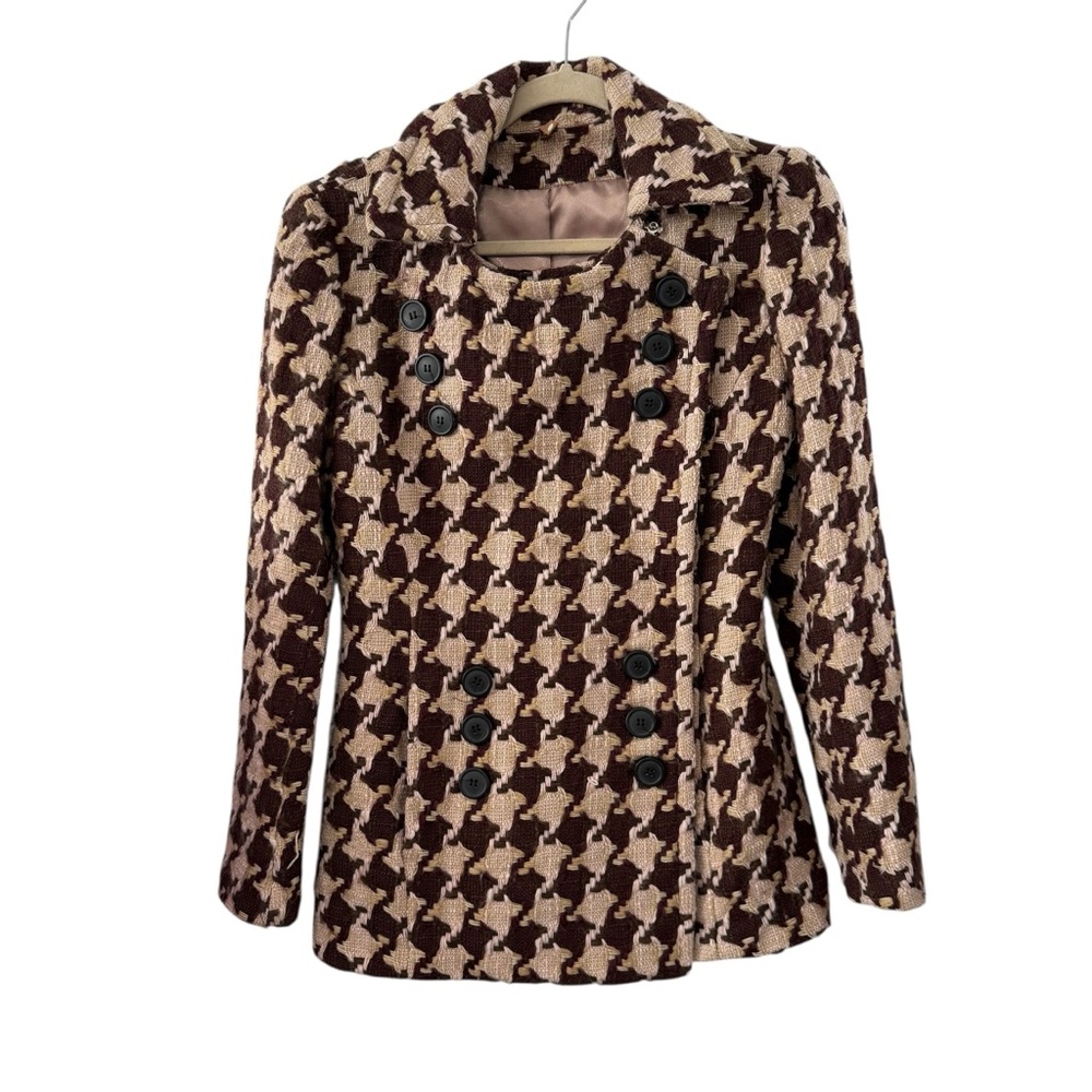 Mint Size 0 Brown Tan Houndstooth Tweed Pea Coat Wool Classic Preppy Jacket